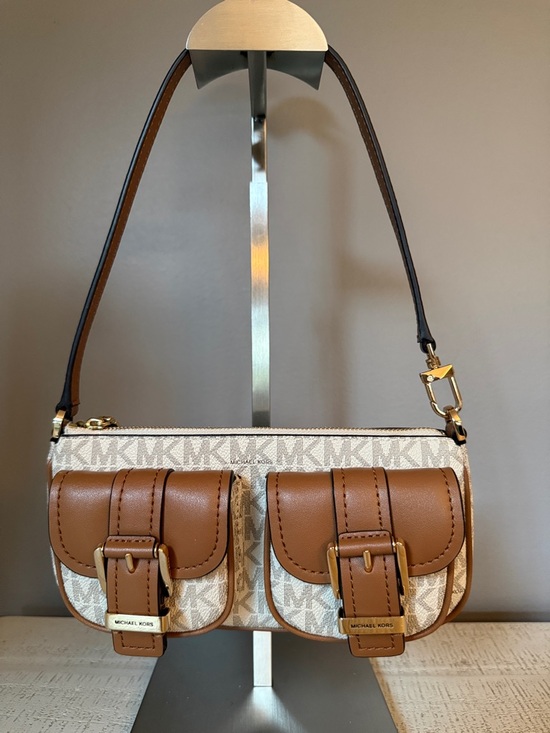 Michael Kors Handbags - NWOT Michael Kors Beige MK Logo with Brown Leather Dual Pocket Shoulder Bag